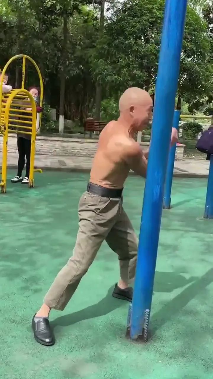 Elderly person doing an amazing workout routine with unbelievable skill and strength