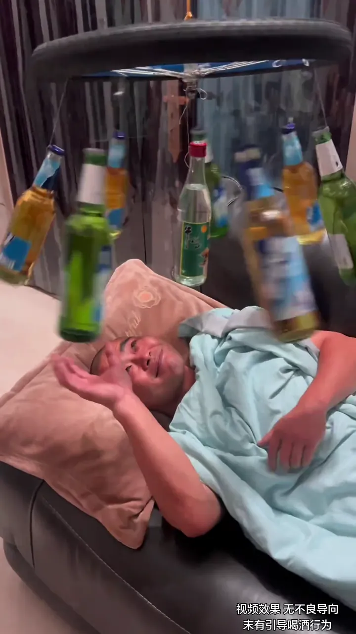 Man sleeping in small rotating carousel built by his mother